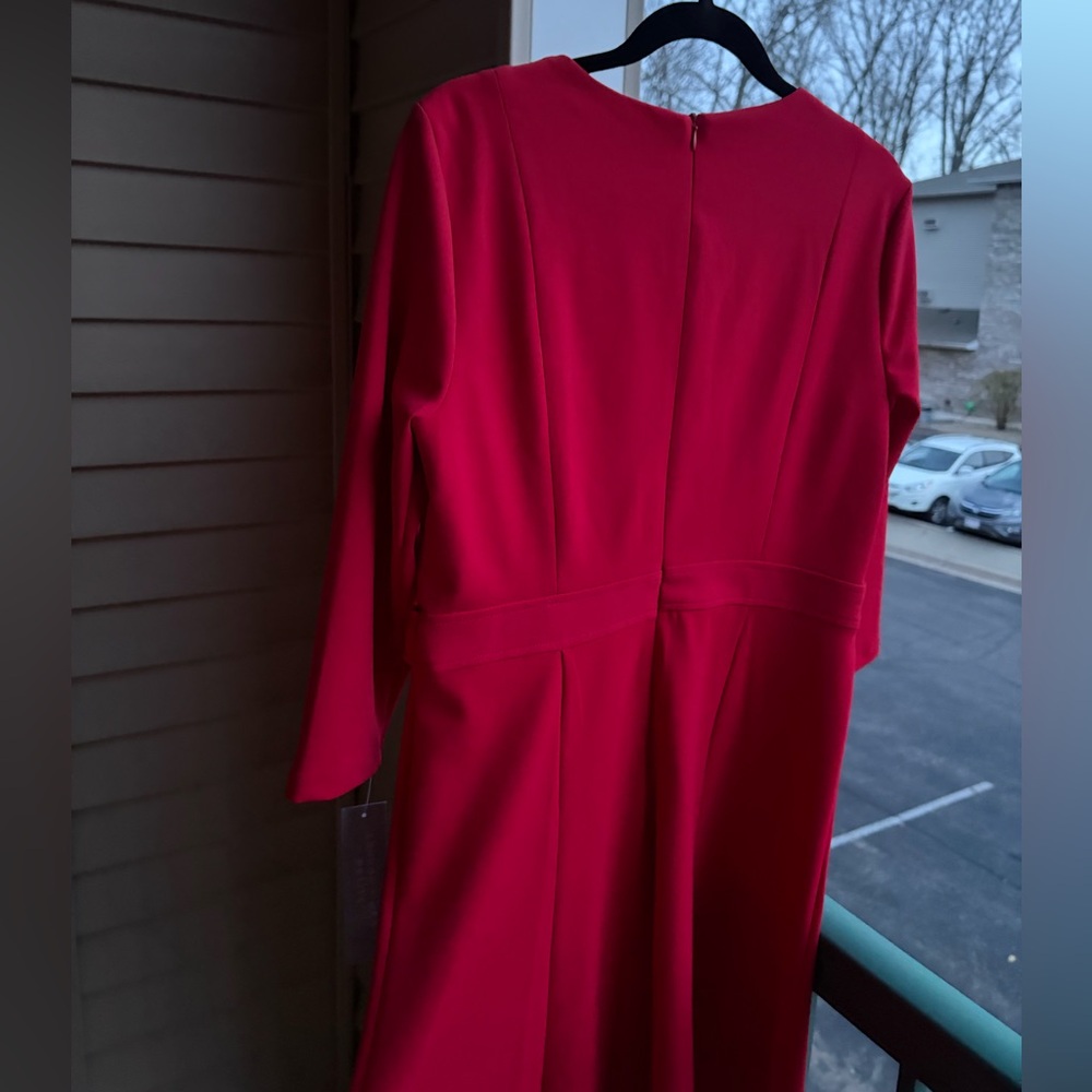 🆕 ✨London Times Red Midi Dress Petite 12P Rhinestone Elegant Office Silhouette - Picture 6 of 15